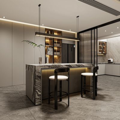 现代餐厅，餐厅，酒柜，吧台，水吧