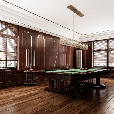 新中式台球室，台球室，休闲区，桌球