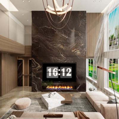 意式轻奢风跃层岩板电视墙别墅客厅