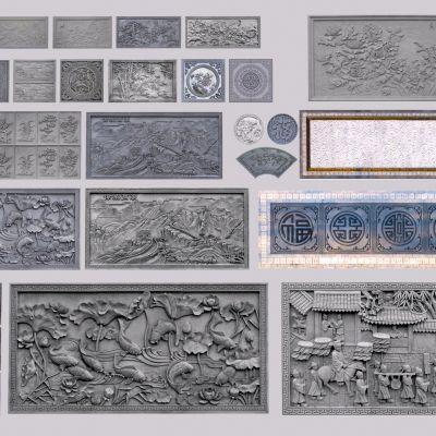 中式文化景墙浮雕组合3D模型