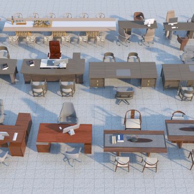 新中式办公桌椅组合3D模型