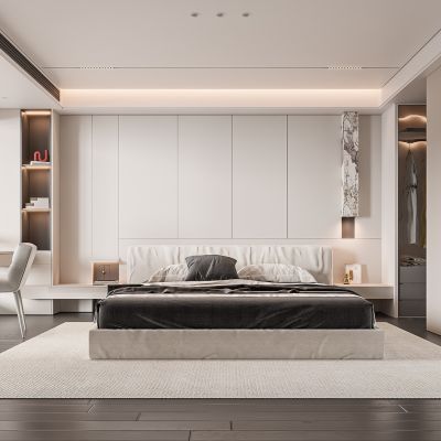 现代卧室 双人床 饰品 休闲椅 床头吊灯 无主灯造形吊顶 衣柜