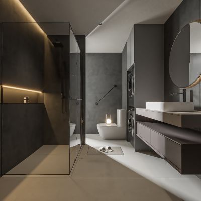 现代卫生间 浴室柜 洗脸盆 镜柜 玻璃隔断 马桶