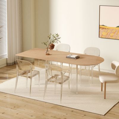 现代奶油风实木餐桌椅组合_布艺靠背椅_盆栽_亚克力椅子_地毯_百叶窗帘