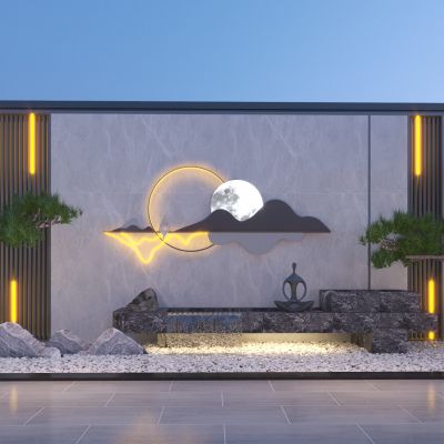 新中式跌水景墙_庭院水景小品3D模型