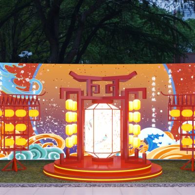 新中式中国风国潮灯笼猜灯谜美陈_卷轴灯笼猜灯谜美陈3D模型