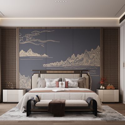 新中式卧室 双人床 床头柜 衣柜 脚踏 饰品摆件 无主灯