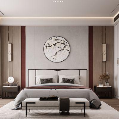 新中式卧室 双人床 床头柜 衣柜 脚踏 饰品摆件 无主灯