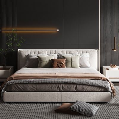 现代双人床 床头柜 地毯 主卧室 床头背景墙