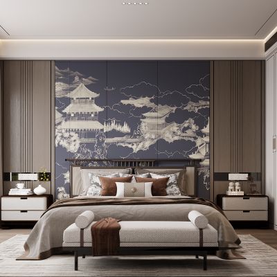 新中式卧室 双人床 床头柜 衣柜 脚踏 饰品摆件 无主灯