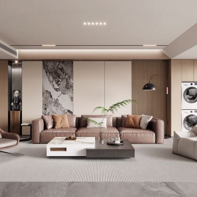 现代客厅 沙发组合 沙发背景墙 多人沙发 地毯 奶油风客厅