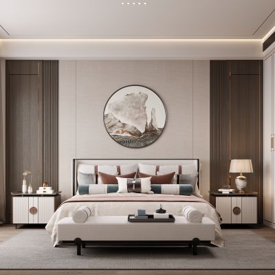 新中式卧室 双人床 床头柜 衣柜 脚踏 饰品摆件 无主灯