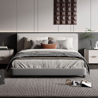 现代双人床 床头柜 地毯 主卧室 床头背景墙