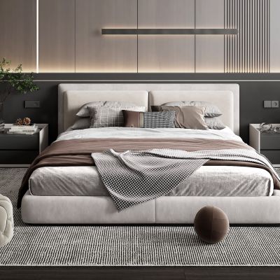 现代双人床 床头柜 地毯 主卧室 床头背景墙