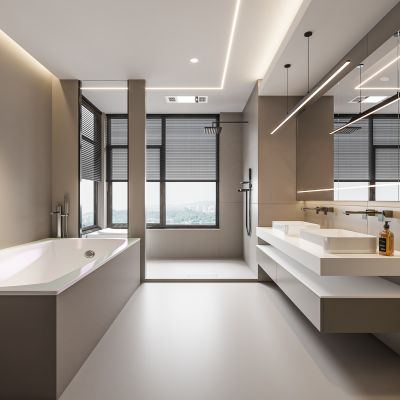 现代卫生间 浴室柜 洗脸盆 镜柜 玻璃隔断 浴缸