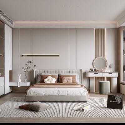 现代家居卧室 简约卧室 双人床 衣柜 主卧 床头柜 轻奢 奶油风