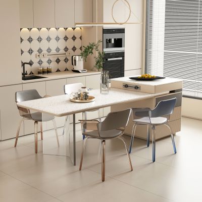 现代奶油岛台一体餐桌椅