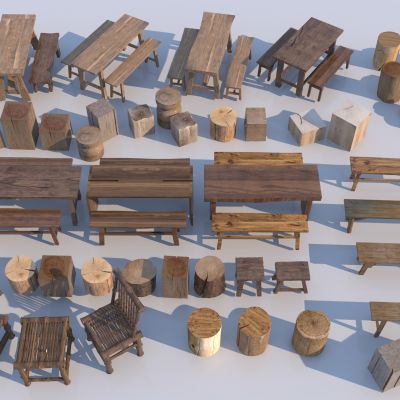 中式实木板凳 户外桌椅 木桩3D模型