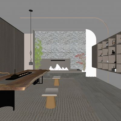 现代书房 书柜 书桌 椅子 装饰品 水景