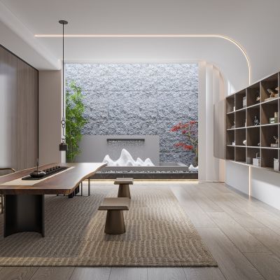 现代书房 书柜 书桌 椅子 装饰品 水景