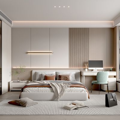 现代家居卧室 简约卧室 双人床 衣柜 主卧 床头柜 轻奢 奶油风