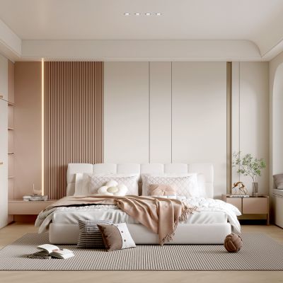 现代家居卧室 奶油风卧室 双人床 衣柜 主卧 床头柜 轻奢 奶油风 简约