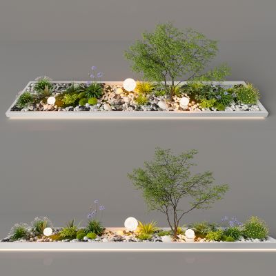3d现代室内组团小景模型  现代植物堆 球形灌木 苔藓球  带花灌木植物组合