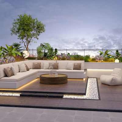 3d现代屋顶花园 阳台景观 户外庭院 植物组合 黄昏阳台 露台景观