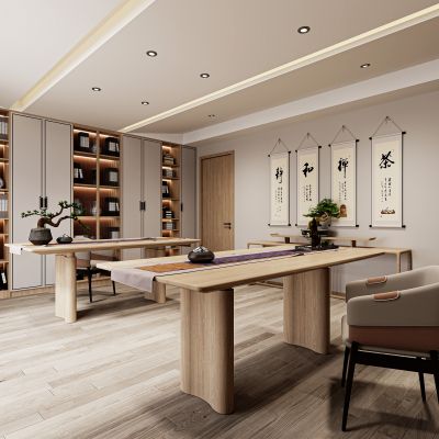 新中式书房，书房，书柜，书桌
