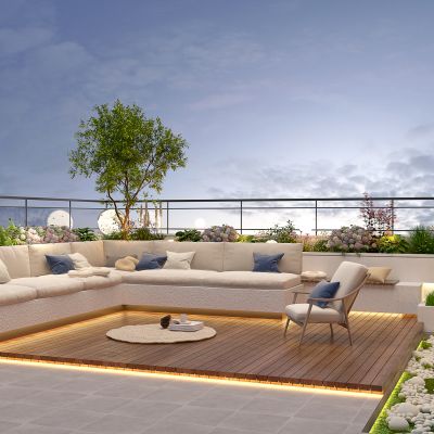 3d现代屋顶花园 阳台景观 户外庭院 植物组合 黄昏阳台 露台景观