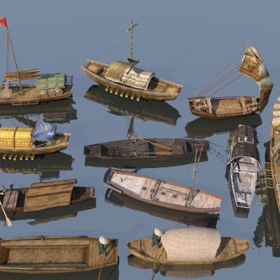 中式木船组合3D模型
