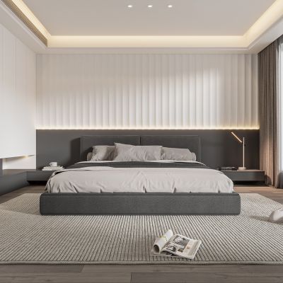 现代卧室 双人床 饰品 休闲椅 床头灯 无主灯造形吊顶 衣柜