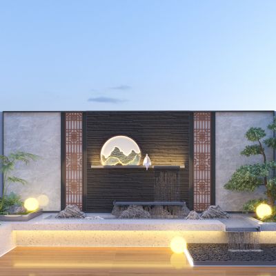 新中式造型景墙围墙  流水景墙3D模型