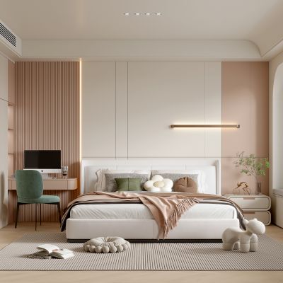 现代家居卧室 奶油风卧室 双人床 衣柜 主卧 床头柜 轻奢 奶油风 简约