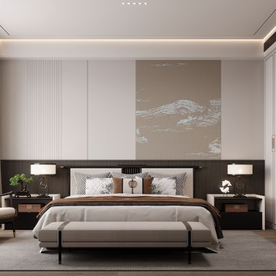 新中式卧室 双人床 床头柜 衣柜 脚踏 饰品摆件 无主灯