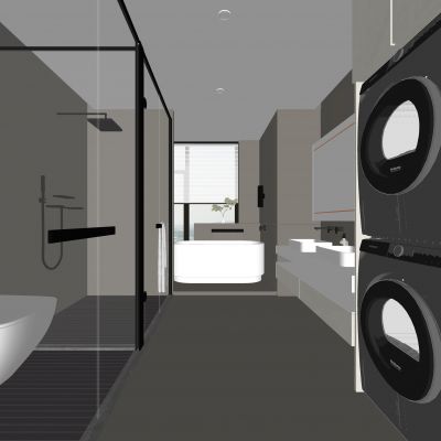 现代卫生间 浴室柜 洗脸盆 镜柜 玻璃隔断 浴缸 洗衣机 烘干机SU模型