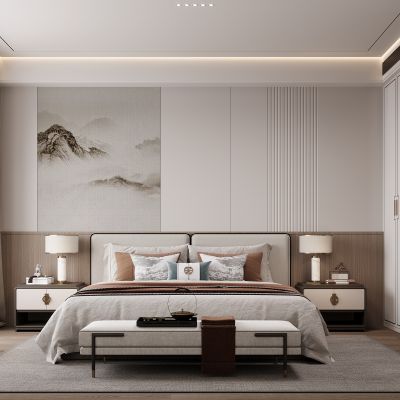 新中式卧室 双人床 床头柜 衣柜 脚踏 饰品摆件 无主灯