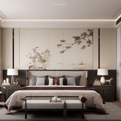 新中式卧室 双人床 床尾凳 背景墙 吊灯 衣柜 床头柜 地毯 休闲椅