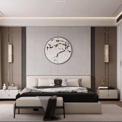 新中式卧室 双人床 床头柜 衣柜 脚踏 饰品摆件 无主灯