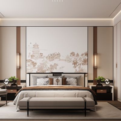 新中式卧室 双人床 床头柜 衣柜 脚踏 饰品摆件 无主灯