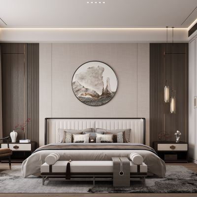 新中式卧室 双人床 床头柜 衣柜 脚踏 饰品摆件 无主灯