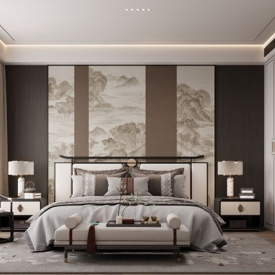 新中式卧室 双人床 床尾凳 背景墙 吊灯 衣柜 床头柜 地毯 休闲椅