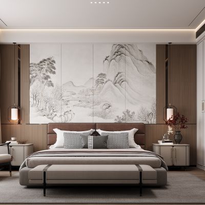 新中式卧室 双人床 床尾凳 背景墙 吊灯 衣柜 床头柜 地毯 休闲椅