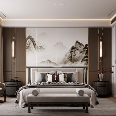 新中式卧室 双人床 床头柜 衣柜 脚踏 饰品摆件 无主灯