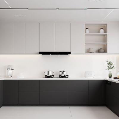 现代封闭式厨房 厨房 定制橱柜 油烟机 蒸箱 烤箱 厨房用品 家用电器 厨房电器