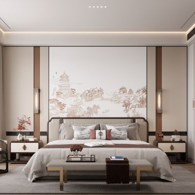 新中式卧室 双人床 床头柜 衣柜 脚踏 饰品摆件 无主灯