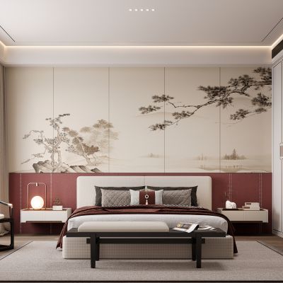 新中式卧室 双人床 床头柜 衣柜 脚踏 饰品摆件 无主灯