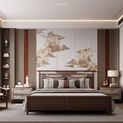 新中式卧室 双人床 床头柜 衣柜 脚踏 饰品摆件 无主灯