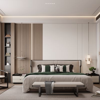 新中式卧室 双人床 床头柜 衣柜 脚踏 饰品摆件 无主灯