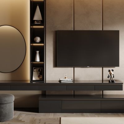 现代电视背景墙 电视 电视柜 摆件 公仔 壁炉